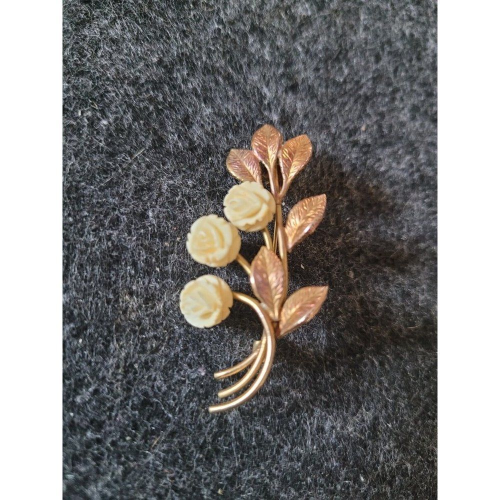 Vintage Brooch Carved Celluloid Rose Flower in Gold Tone